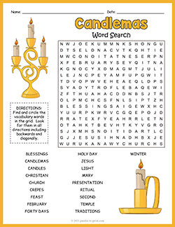 Free printable Candlemas Word Search puzzle worksheet
