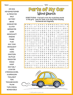 Free printable Car Parts Word Search puzzle worksheet