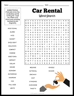 Free printable Car Rental Word Search puzzle worksheet