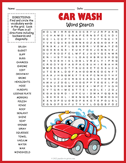 Free printable Car Wash Word Search puzzle worksheet