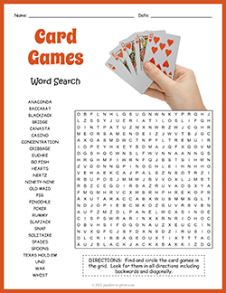 Free printable Card Games Word Search puzzle worksheet