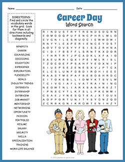 Free printable Career Day Word Search puzzle worksheet