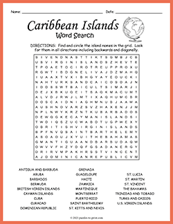 Free printable Caribbean Islands Word Search puzzle worksheet