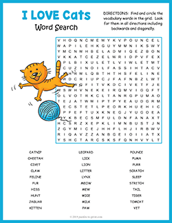 Free printable Cat Word Search puzzle worksheet