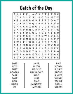 Free printable Catch of the Day Word Search puzzle worksheet