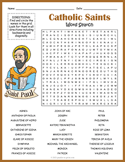 Free printable Catholic Saints Word Search puzzle worksheet