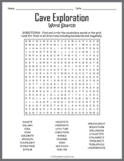 Free printable Cave Exploration Word Search puzzle worksheet