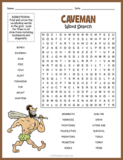 Free printable Caveman Word Search puzzle worksheet