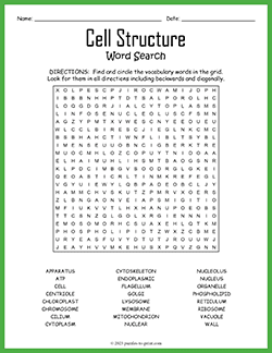 Free printable Cell Structure Word Search puzzle worksheet