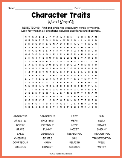 Character Traits Word Search