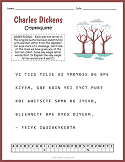 Free printable Charles Dickens Cryptoquote puzzle worksheet