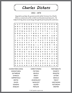 Free printable Charles Dickens Word Search puzzle worksheet