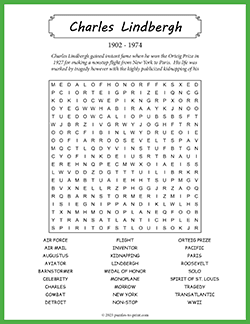 Free printable Charles Lindbergh Word Search puzzle worksheet