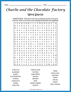 Free printable Charlie and the Chocolate Factory Word Search puzzle worksheet