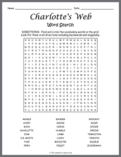 Free printable Charlotte's Web Word Search puzzle worksheet