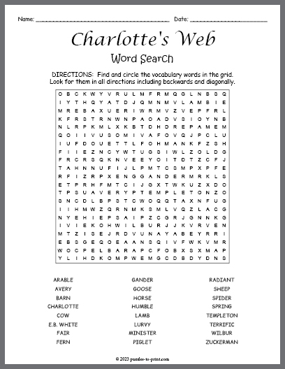 Charlotte's Web﻿” Vocabulary Matching, Crossword & Word Search Package