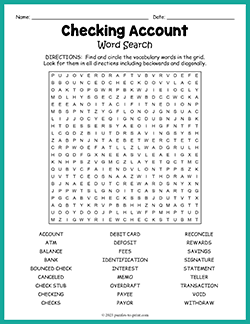 Free printable Checking Account Word Search puzzle worksheet