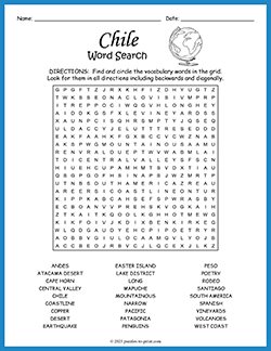 Free printable Chile Word Search puzzle worksheet