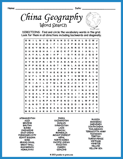 China Geography Word Search