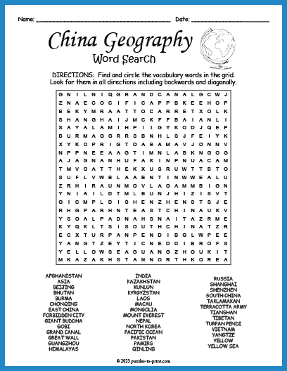 China Geography Word Search