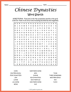 Free printable Chinese Dynasties Word Search puzzle worksheet