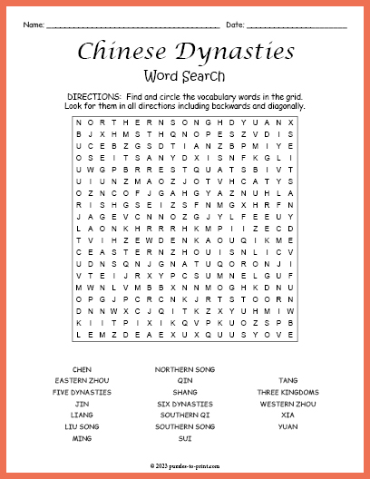 Chinese Dynasties Word Search