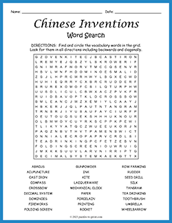 Free printable Chinese Inventions Word Search puzzle worksheet