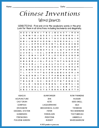 Chinese Inventions Word Search