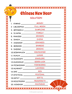 Free printable Chinese New Year Word Scramble puzzle worksheet