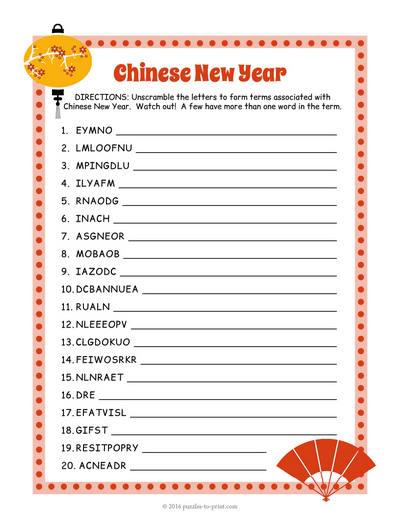 Chinese New Year Word Scramble