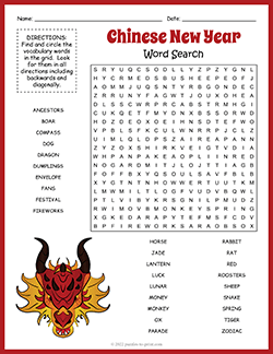 Free printable Chinese New Year Word Search puzzle worksheet