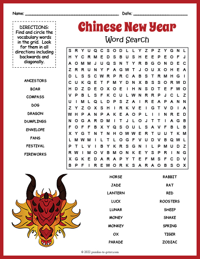 Chinese New Year Word Search Word Search