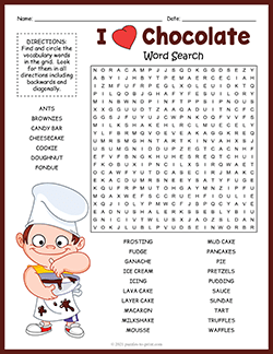 Free printable Chocolate Word Search puzzle worksheet