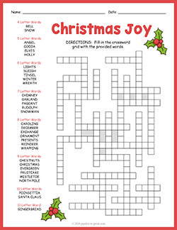Free printable Christmas Crossword Fill In puzzle worksheet