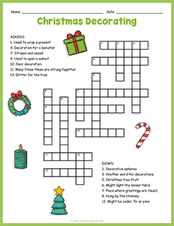 Free printable Christmas Decorations Crossword puzzle worksheet
