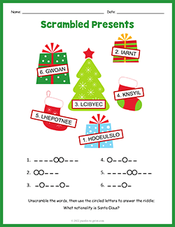 Free printable Christmas Present Word Scramble puzzle worksheet