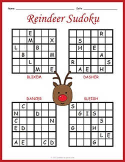 Free printable Christmas Reindeer Sudoku puzzle worksheet