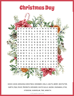 Free printable Christmas Word Search puzzle worksheet
