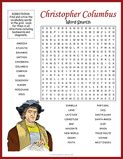 Free printable Christopher Columbus Word Search puzzle worksheet