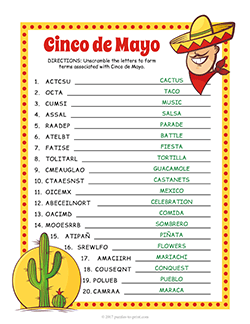 Free printable Cinco de Mayo Word Scramble puzzle worksheet