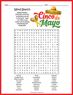 Free printable Cinco de Mayo Word Search puzzle worksheet