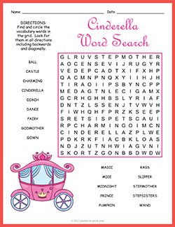 Free printable Cinderella Word Search puzzle worksheet