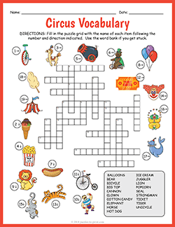 Free printable Circus Vocabulary Image Crossword puzzle worksheet