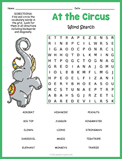 Free printable Circus Word Search puzzle worksheet