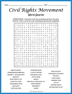 Free printable Civil Rights Movement Word Search puzzle worksheet