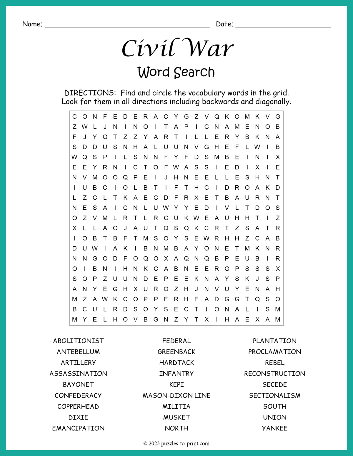 Civil War Word Search