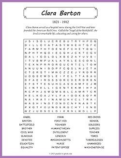 Free printable Clara Barton Word Search puzzle worksheet