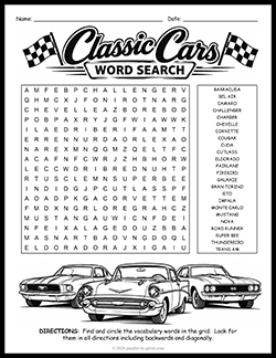 Free Printable Classic Cars Word Search Puzzle Worksheet