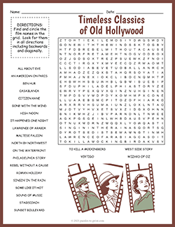 Free printable Classic Hollywood Movies Word Search puzzle worksheet