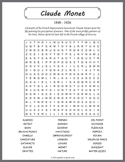 Free printable Claude Monet Word Search puzzle worksheet